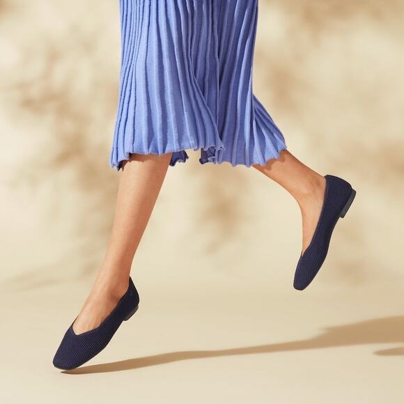 Vivaia Margot 2.0 Dark Navy Blue Ribbed Knit Square-Toe V-Cut Ballet Flats 10W - Picture 1 of 10